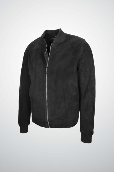 Suede Bomber Jacket with Ribbed Collar (Coal Grey)