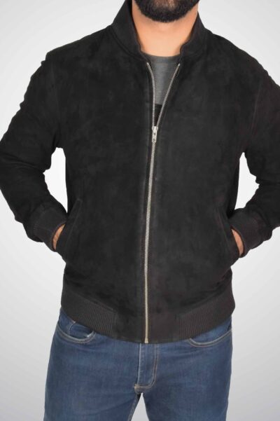 Suede Bomber Jacket with Ribbed Collar (Coal Grey)